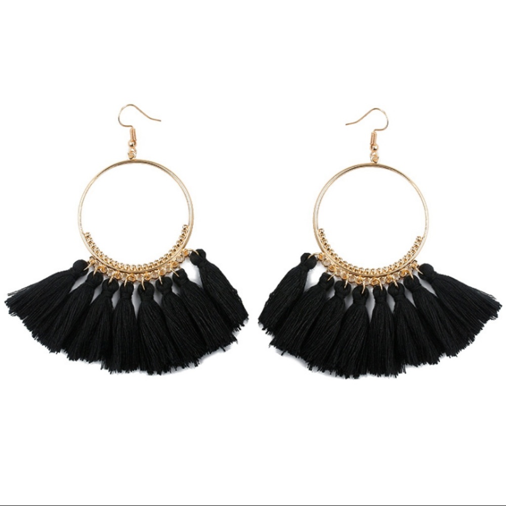 Sale! Long Tassel Fringe Boho Earrings BLACK